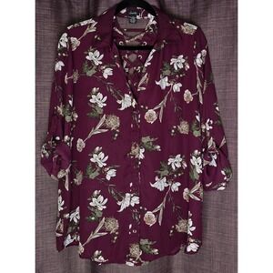 Justify Womens L Blouse‎ Maroon Floral 3/4 Tab Sleeve V Neck Back Cutout Button